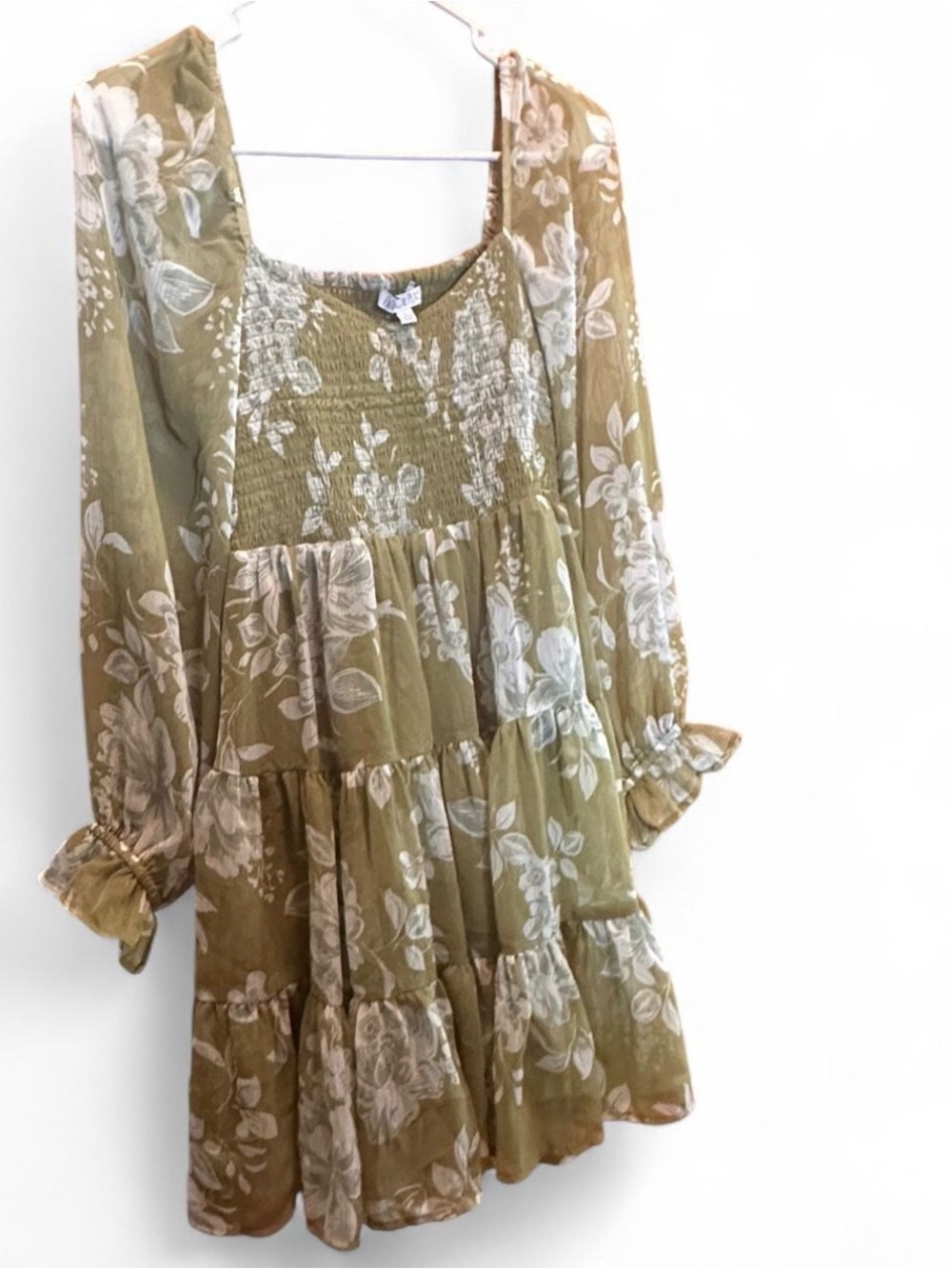 Patrons of Peace Green Floral Tiered Smocked Mini Dress Babydoll Small - Picture 4 of 9